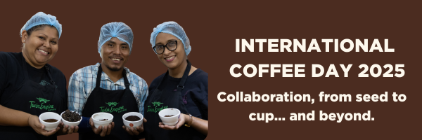 Mari, Michael and Ana holding coffee samples for International Coffee Day 2025